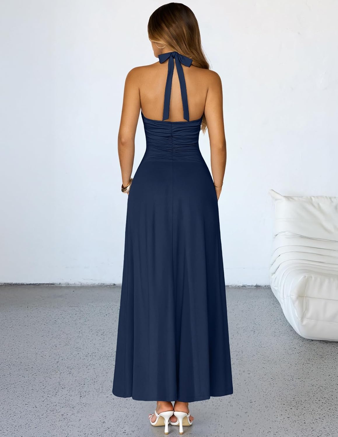 MEROKEETY Womens Wedding Guest Formal Dress Summer Halter Backless Sleeveless V Neck Ruched Cocktail Maxi Dresses