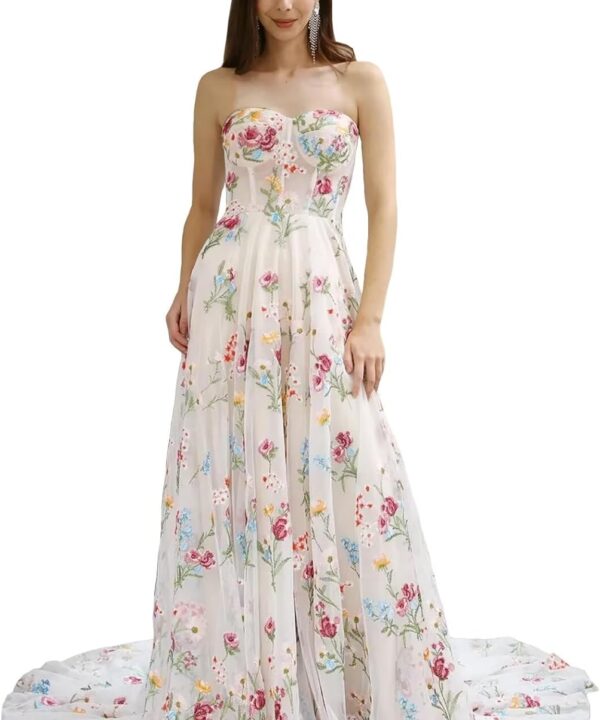 Flower Embroidery Tulle Wedding Dresses for Bride 2025 Long Corset Strapless Sweetheart A Line Wedding Bridal Gown