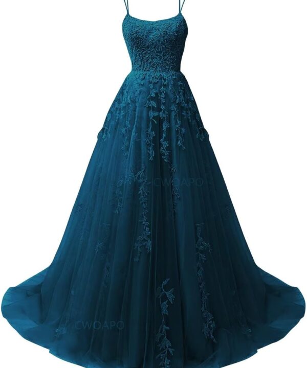 CWOAPO Spaghetti Straps Long Prom Dresses 2025 Ball Gown Lace Appliques Tulle Prom Dress with Pockets Wedding Gowns for Women