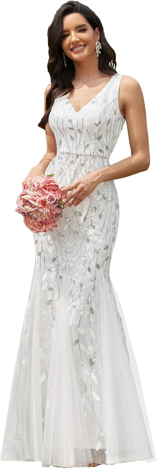 Ever-Pretty Women's Sequin Formal Dress Double V-Neck Sleeveless Mermaid Long Evening Dresses 07886