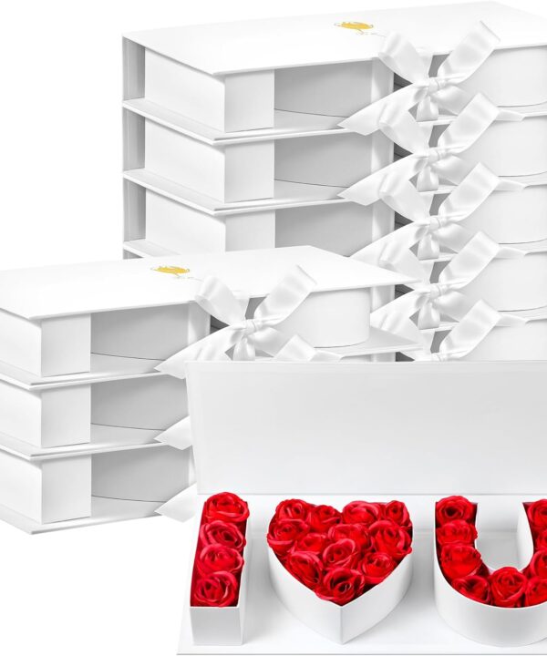 Ireer 8 Pcs Valentine's Day Empty I Love You Flower Box Bulk Large I Heart U Letter Gift Box with Ribbon for Holiday Mother Wedding Bridal Rose Chocolate Packaging(White)