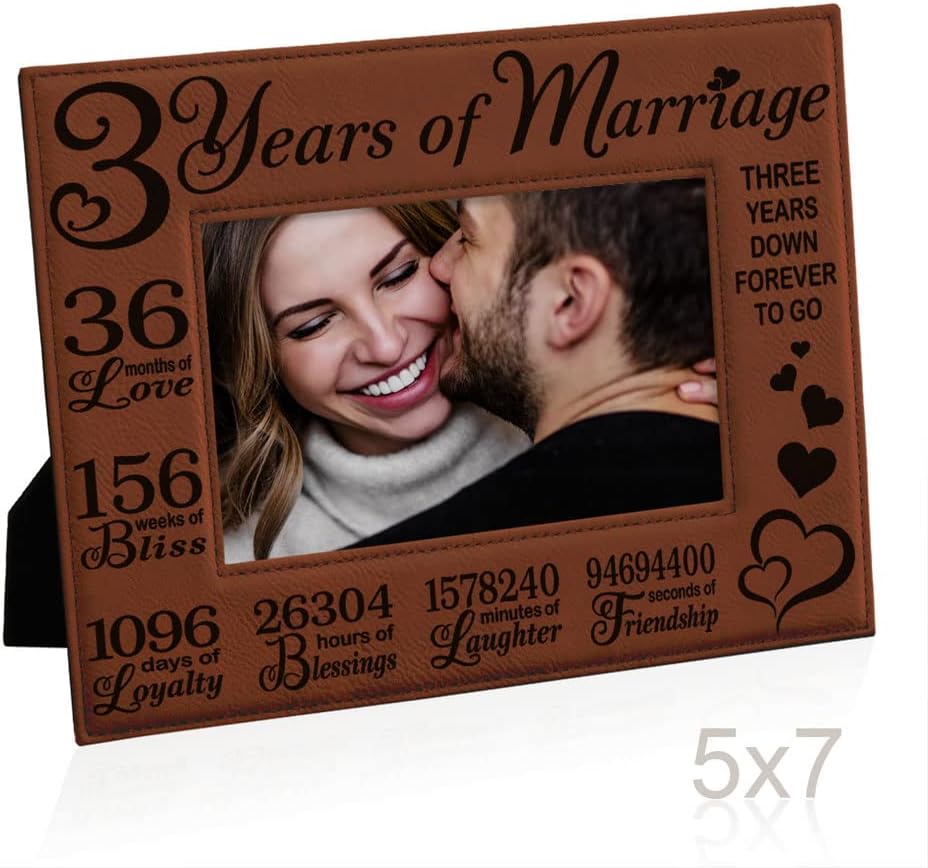 KATE POSH 3rd Anniversary Engraved Rawhide Leather Picture Frame (5×7 Horizontal)