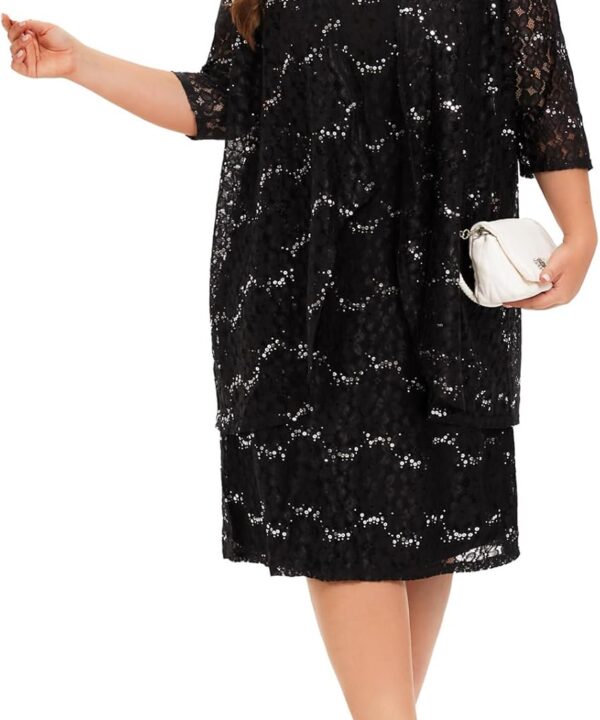 Women's Plus Size 2 Piece Mother of The Bride Dress Jacket Set Tea Length Sequin Lace Dress Formal Evening Gowns