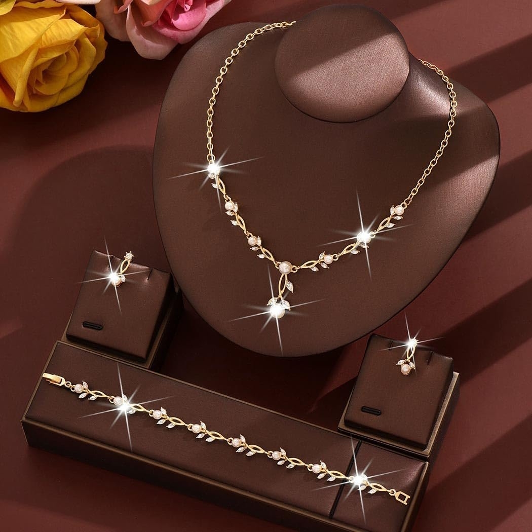 Unicra Pearl Jewelry Set Gold Prom Formal Necklace Earrings Bracelet Sets Rhinestone Bridal Wedding Jewelry Sets for Women and Brides