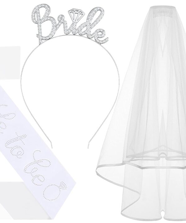 3Pcs Bride to Be Headband with Sash and Veil for Bachelorette Party Decorations, Bridal Shower Accessories for Gift, Favors