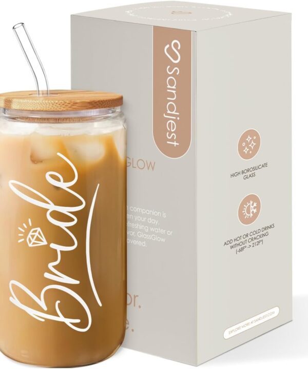 SANDJEST Bride Glass Coffee Cup 16 Oz with Bamboo Lid and Straw - Bridal Shower Gift - Engagement Gifts for Women - Bride Gifts
