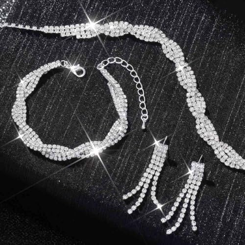 Unicra Wedding Jewelry Sets Silver Rhinestone Necklace Earrings Bracelet Sets Prom Jewelry Accessories for Women and Brides