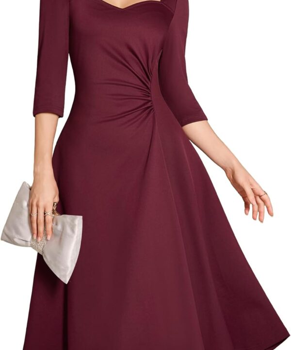 Dressystar Womens Fall Ruched Waist A Line Cocktail Dress Wrap Midi Elegant Flowy Formal Wedding Guest Party Dresses