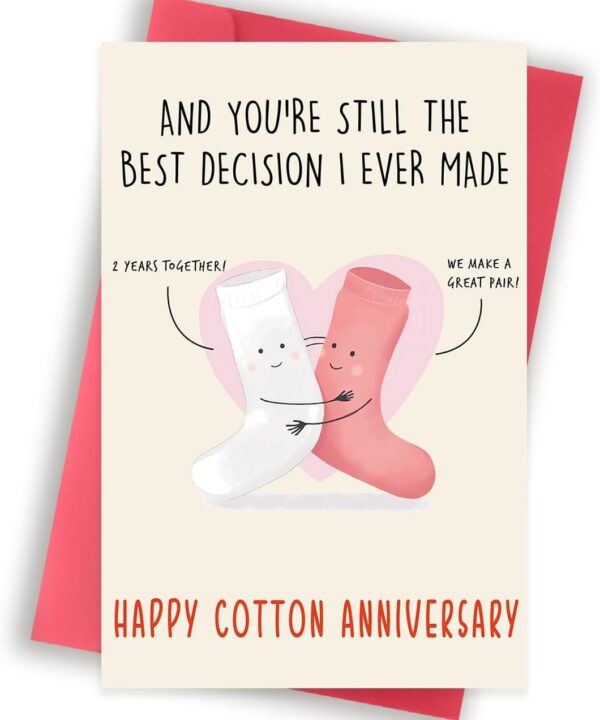 Happy 2nd for Him & Her, Funny 2nd Wedding Card for Women & Men, Cotton Anniversary Greeting Cards for Husband & Wife, Cute 2 Year Anniversary Decorations