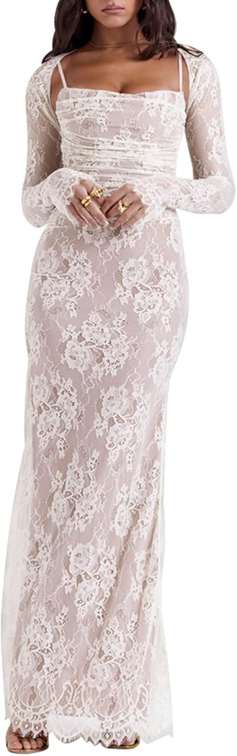 Women Cami Lace Maxi Dress Romantic Long Sleeve Lace Bodycon Dresses Elegant