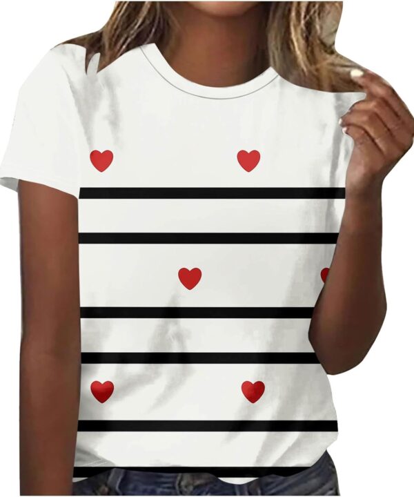 Valentines Shirts for Women Graphic Short Sleeve Casual Crewneck T-Shirts Cute Heart Printed Loose Holiday Clothes