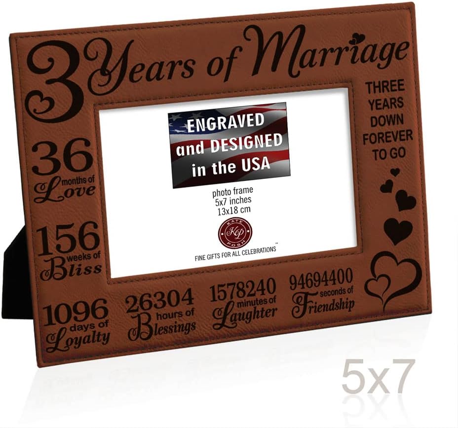 KATE POSH 3rd Anniversary Engraved Rawhide Leather Picture Frame (5×7 Horizontal)