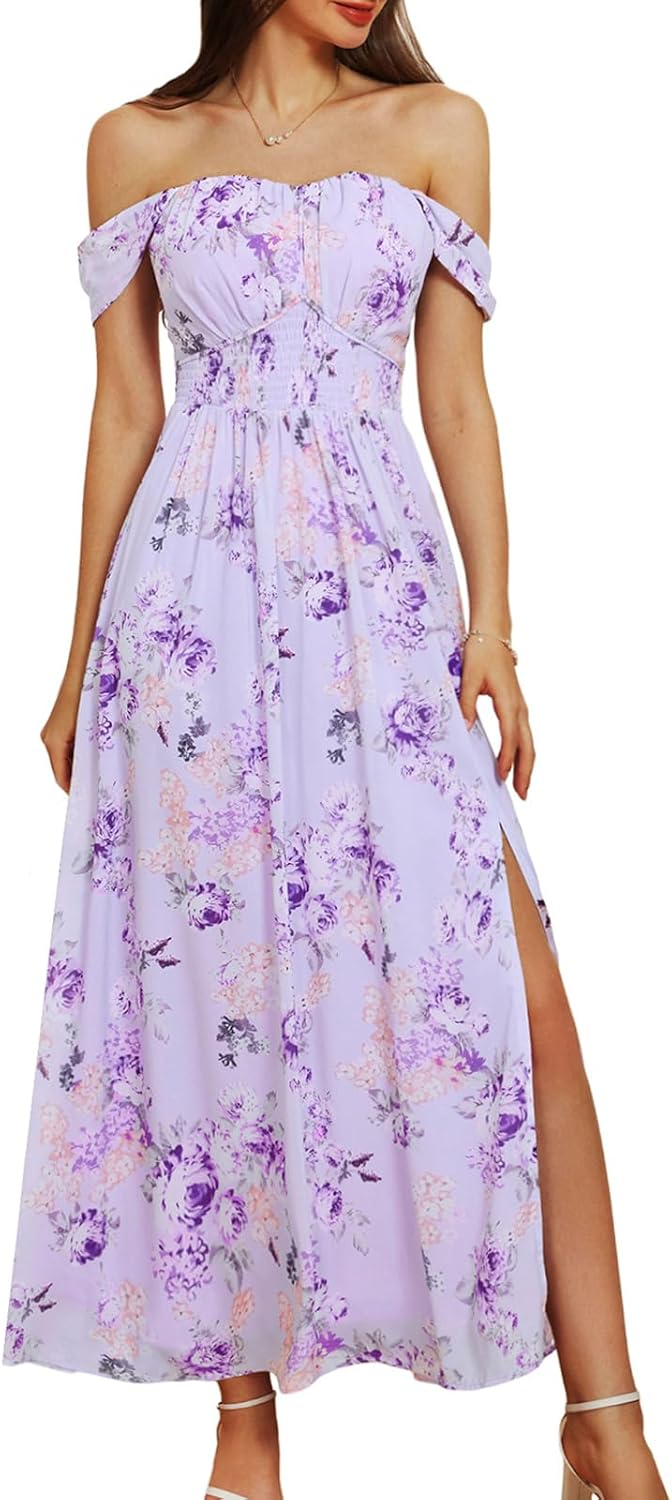 GRACE KARIN 2025 Women's Summer Floral Print Flowy A Line Maxi Dresses Sleeveless Smocked Off Shoulder Dress