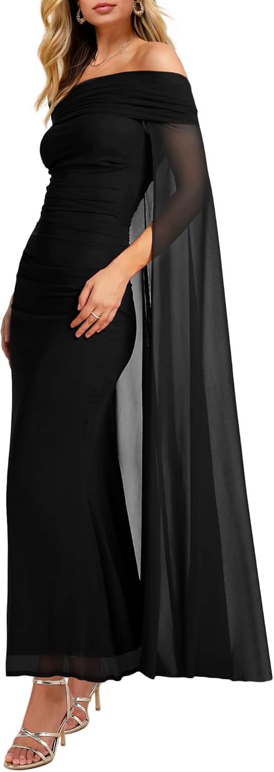 MAYFASEY Womens Elegant Off Shoulder Long Sleeve Mesh Ruched Bodycon Long Formal Party Evening Dress with Cape