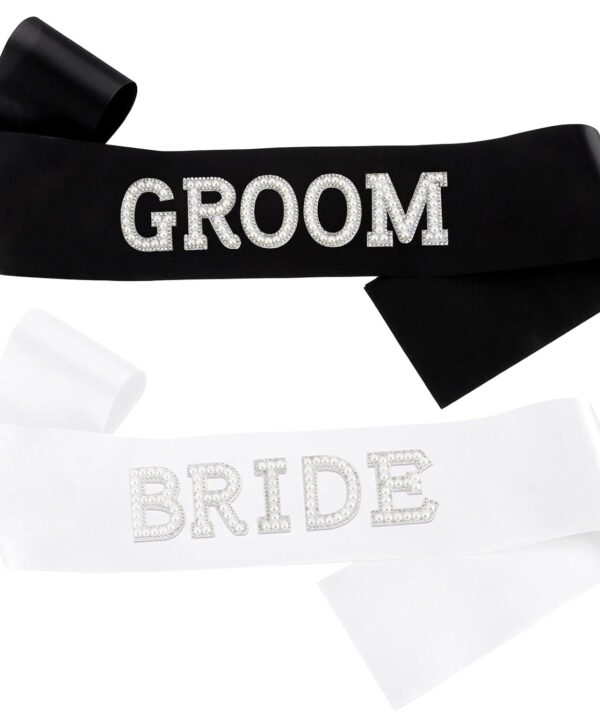 2Pcs Pearl Bride and Groom Sash - White BRIDE Sash & Black GROOM Sash for Bachelorette Party, Hen Party, Wedding, Bridal Shower & Engagement Favors