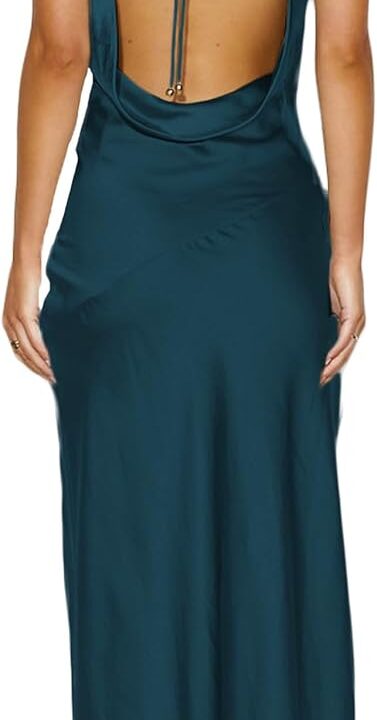 Women's 2025 Summer Satin Backless Elegant Dress for Wedding Guest Silk Sleeveless Cowl Neck Party Formal Maxi Dresses