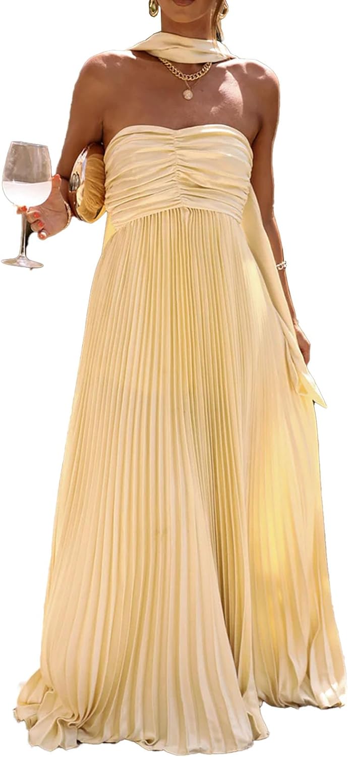 Women Bridesmaid Dresses with Scarf Strapless Pleated Flowy Solid Long Formal Wedding Guest Dress Womens Fall Dresses
