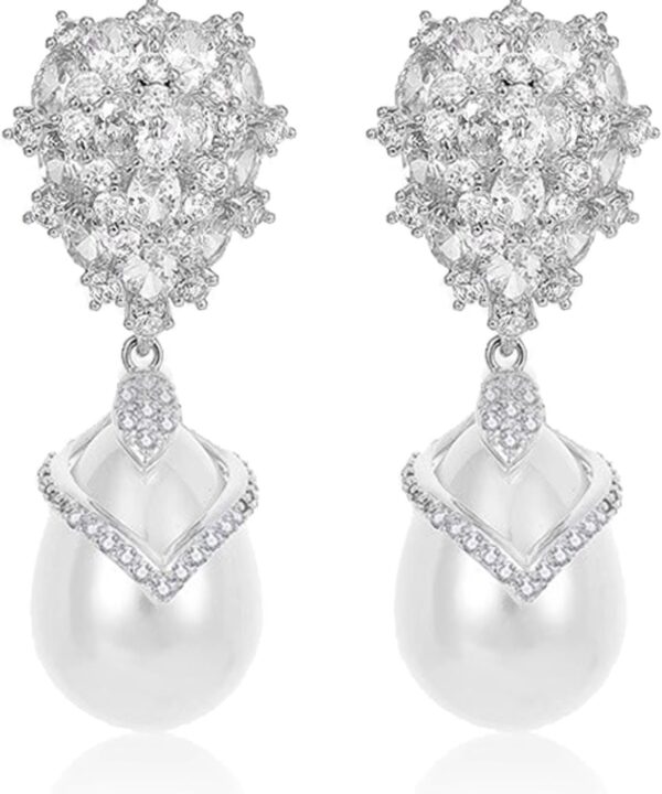 Pearl Bridal Wedding Earrings Dangling Cubic Zirconia and Water Drop Pearls Dangle Earrings for Brides Bridesmaid