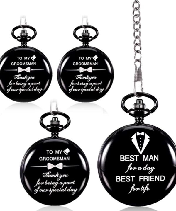 4 Pcs Groomsman Gifts for Wedding Groomsmen Engraved Pocket Watch Best Man Proposal Gifts Roman Numerals Quartz Pocket Watch Wedding Gifts with Chain for Groomsman Best Man