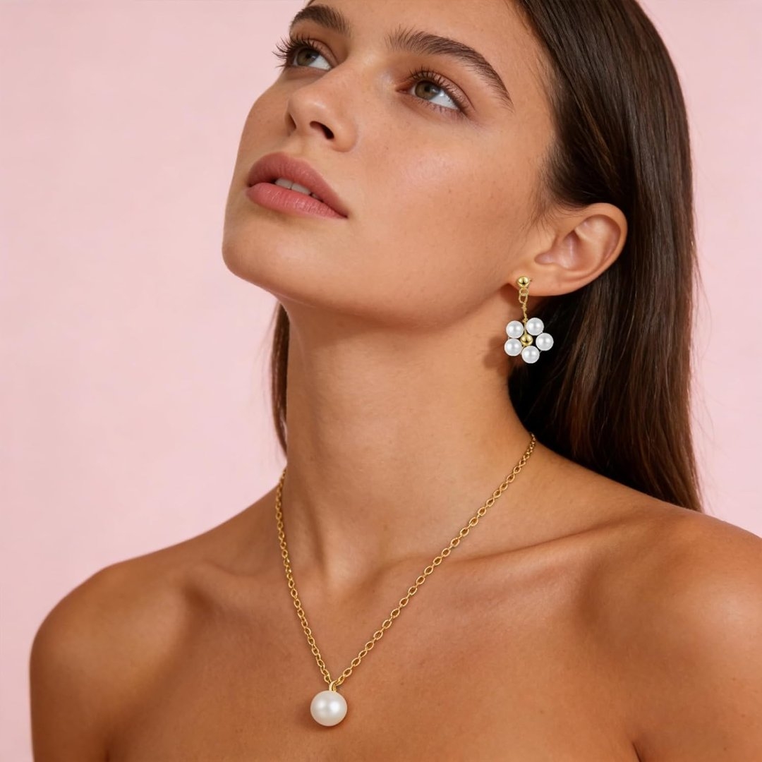 Gold Jewelry Set for Women Dainty 18K Gold Silver Plated Layered Daisy Pearl Flower Choker Necklaces Set Flower Bracelet & Drop Earrings Wedding Jewelry for Christmas Birthday Gifts