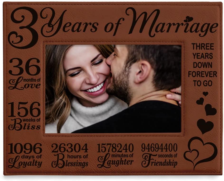 KATE POSH 3rd Anniversary Engraved Rawhide Leather Picture Frame (5x7 Horizontal)