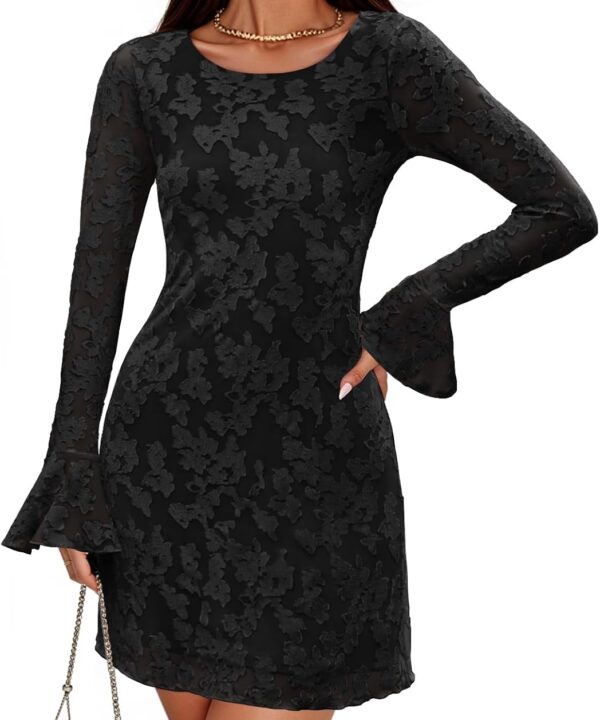 ZESICA Long Sleeve Mini Dresses for Women Spring Mesh Floral Crewneck Bodycon Wedding Guests Cocktail Party Short Dress