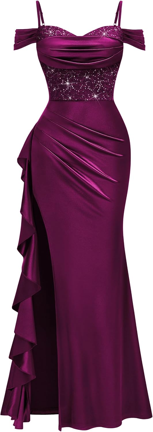 Miusol Womens Sexy Off Shoulder Sequin Lace Wedding Bridesmaid Party Long Dress