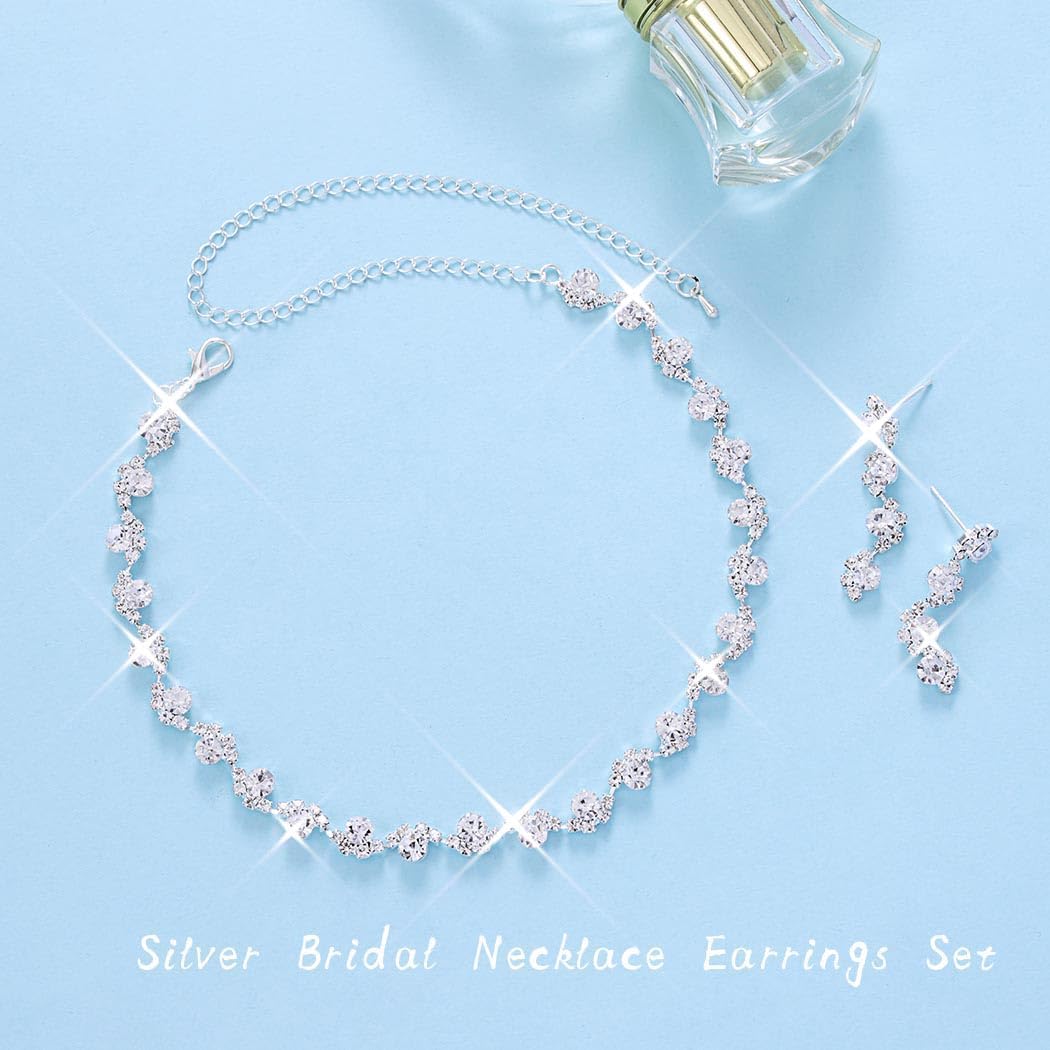 Unicra Bride Silver Necklace Earrings Set Crystal Bridal Wedding Jewelry Set Rhinestone Choker Necklace for Women and Brides
