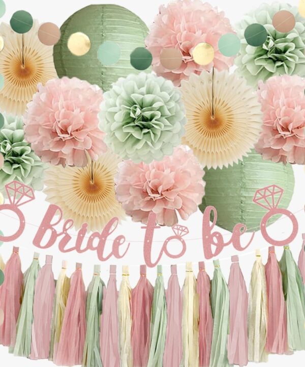Dusty Pink and Sage Green Bridal Shower Decorations Boho Pastel Bride to Be Sage Green and Blush Pink Bridal Shower Decorations Dusty Rose Bachelorette Party Beige Fans Poms with Cream Tassel Garland