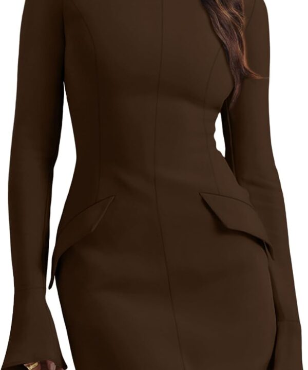 OFEEFAN Women's Fall Long Sleeve Mock Neck Dress Basic Party Club Bodycon Mini Dresses