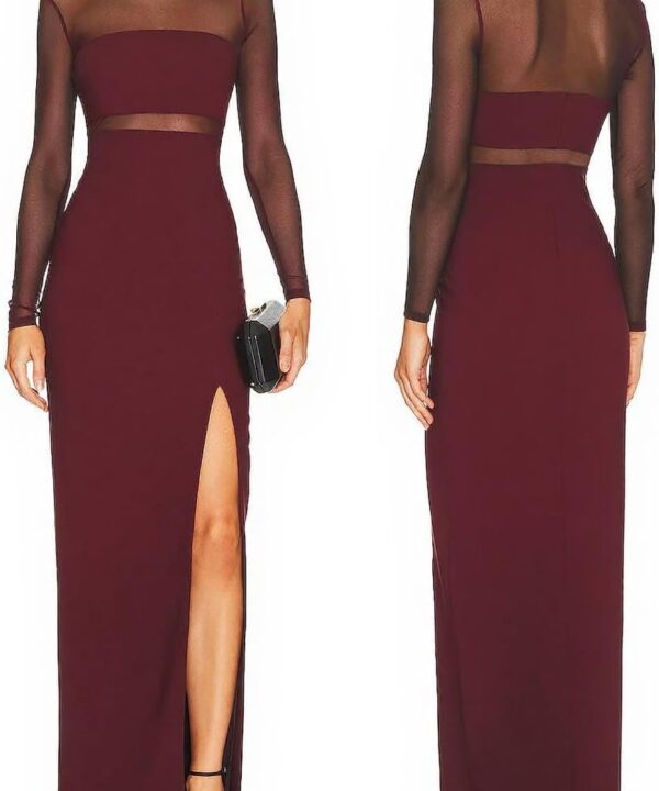 Aigeman Women See Through Mesh Long Sleeves Maxi Dress Turtleneck Bodycon Long Dresses Side Slit Cocktail Party Dress 451