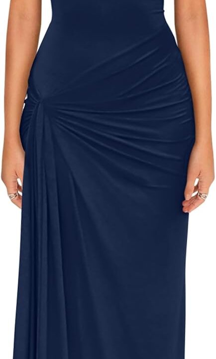 YMDUCH Women's Casual Short Sleeve Boat Neck Ruched High Split Bodycon Long Party Dress