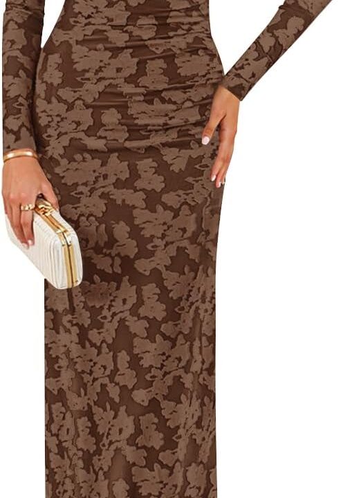 ZESICA Women's Spring Floral Off Shoulder Bodycon Maxi Dresses 2026 Long Sleeve Ruched Elegant Cocktail Party Dress