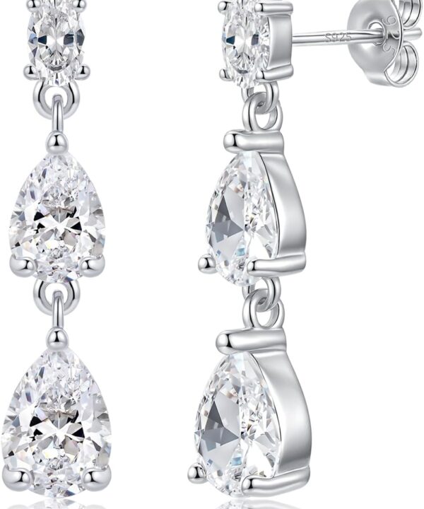 ZRU Sterling Silver Teardrop Dangle Earrings for Women, Elegant Long Cubic Zirconia Bridal Drop Earrings, Hypoallergenic Sparkly Dangly Wedding Jewelry Gifts for Brides & Bridesmaid
