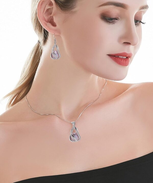 HENGSHENG Pearl Jewelry Set For Women S925 Sterling Silver/14K Gold Plated Necklace & Earrings Set Freshwater Pearl Pendant Cage Set for Wedding Anniversary Prom Birthday Gift