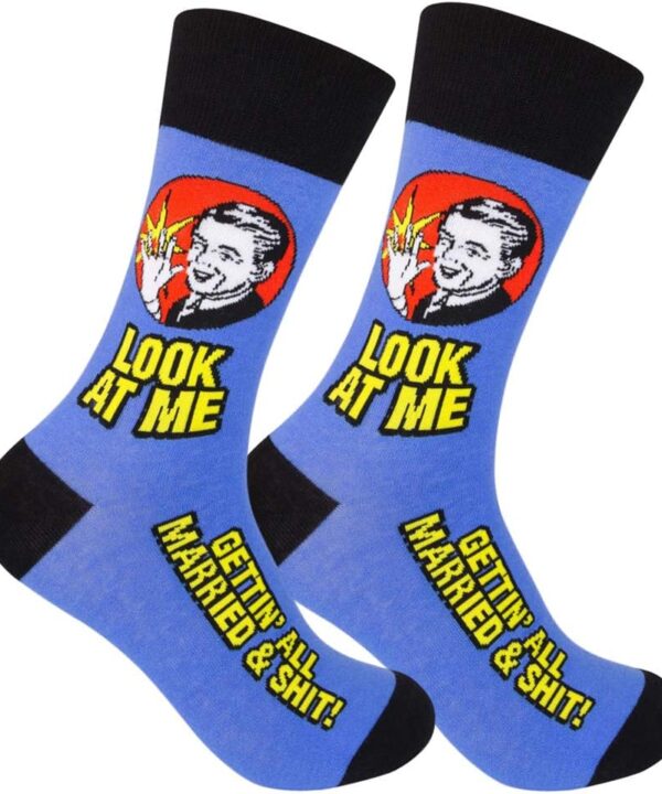 FUNATIC Look At Me Gettin All Married & Shit Novelty Crew Socks For Men Women | Funny Wedding Day Gift Idea Dress Apparel | Best Groom Bride Husband Wife To Be Marriage Clothing Present With Saying