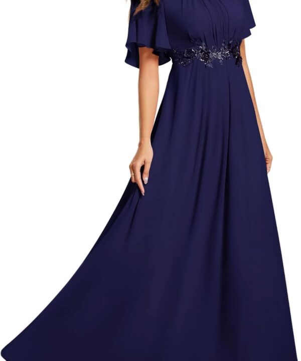 Ever-Pretty Women's Classic Round Neck Pleated Short Sleeves Chiffon Appliques Floor Length A Line Formal Evening Dresses