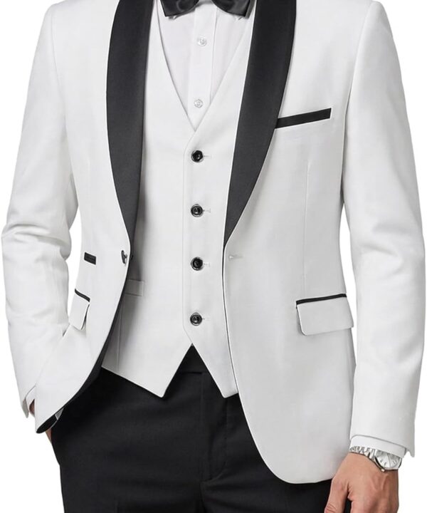Hihawk Mens 3 Piece Tuxedo Set with Bow Tie, One Button Shawl Lapel Jacket Vest Pants, Slim Fit Suit Party Wedding Prom Tux