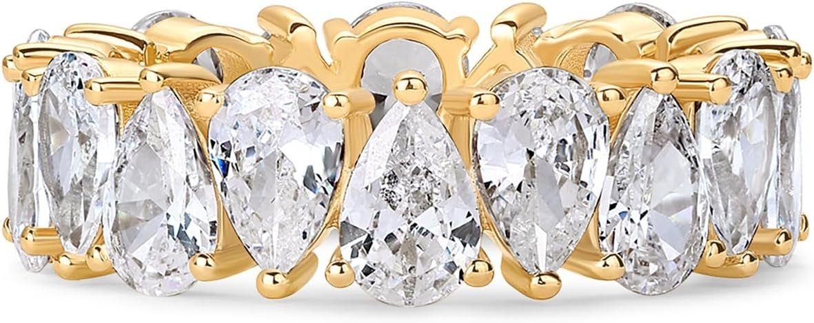 PAVOI 14K Gold Plated Pear Love Eternity Rings for Women | Gold Cubic Zirconia Ring | Bridal Eternity Wedding Band Ring