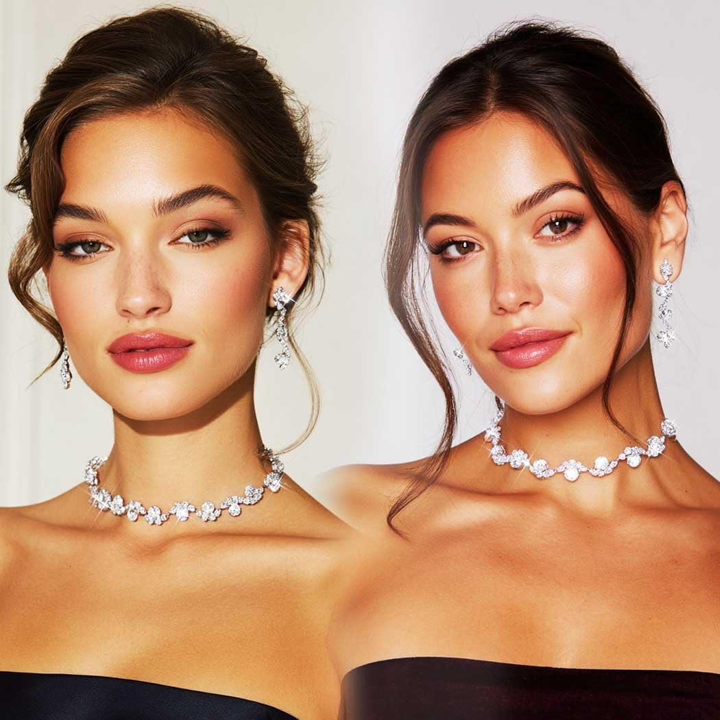 Unicra Bride Silver Necklace Earrings Set Crystal Bridal Wedding Jewelry Set Rhinestone Choker Necklace for Women and Brides