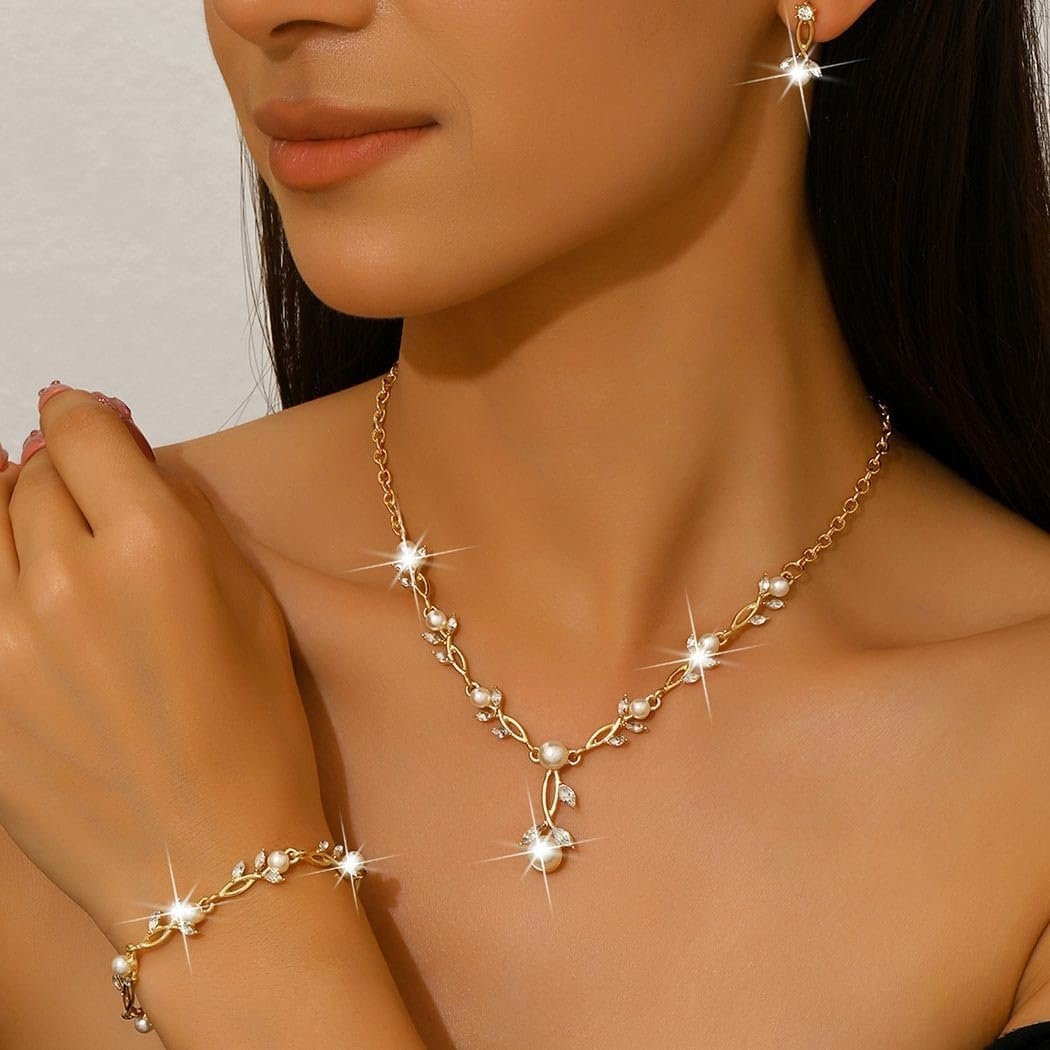 Unicra Pearl Jewelry Set Gold Prom Formal Necklace Earrings Bracelet Sets Rhinestone Bridal Wedding Jewelry Sets for Women and Brides