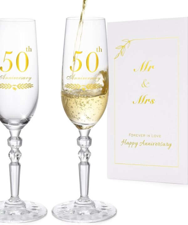 50th Anniversary Decorations Gifts for Couple, Classical Style 50th Wedding Anniversary Champagne Flutes Glasses, Crystal Champagne Glasses Set of 2, Gifts for Parents