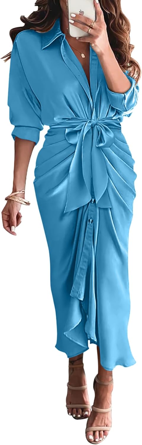 BTFBM Summer Dresses for Women 2026 Long Sleeve Lapel V Neck Button Down Elegant Belted Ruched Satin Shirt Spring Dress