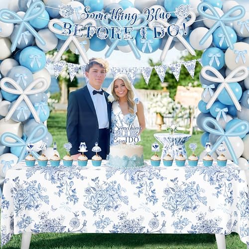 Something Blue Before I Do Bridal Shower Decorations,127 PCS Blue Bachelorette Party Decorations with Coquette Bow Balloon Arch Kit Floral Backdrop Tablecloth Banner Garland Cake Topper Veil