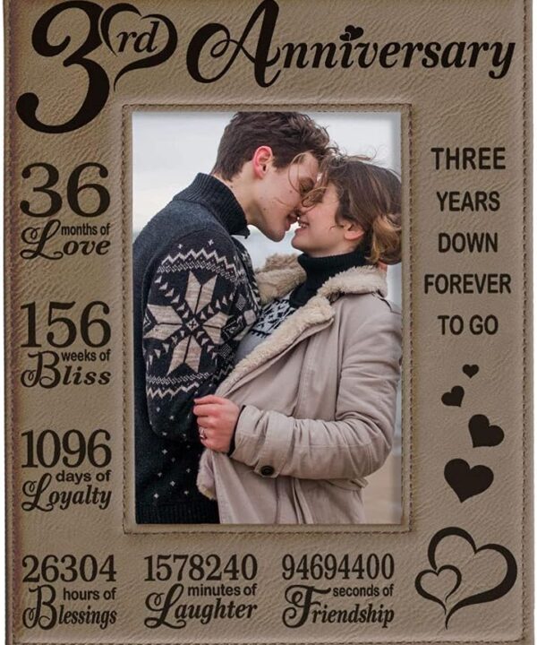 KATE POSH Our 3rd Wedding Anniversary, 3 Years Anniversary, 3 Years of Marriage, Gifts for Couple, Third Anniversary - Engraved Leather Picture Frame (4 x 6 Vertical)
