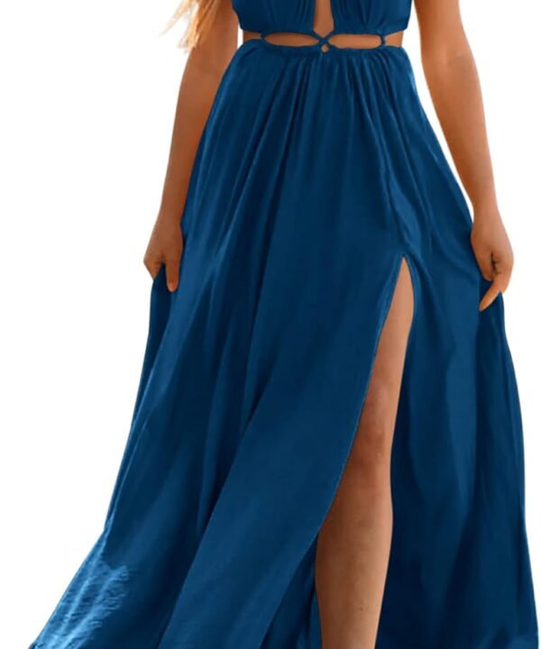 BTFBM Women Halter Summer Dresses 2026 Sleeveless Cutout Backless Sundress Slit Boho Maxi Beach Wedding Guest Dress