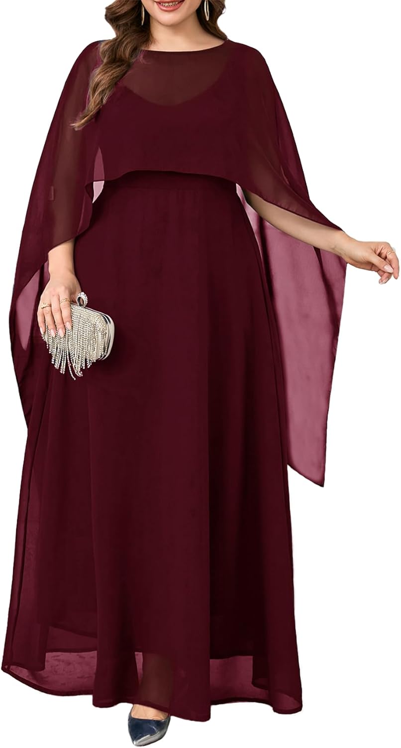 Plus Size Elegant Chiffon Dress Formal Long Cape Sleeve A Line Maxi Evening Gown Wedding Guest Cocktail Dresses