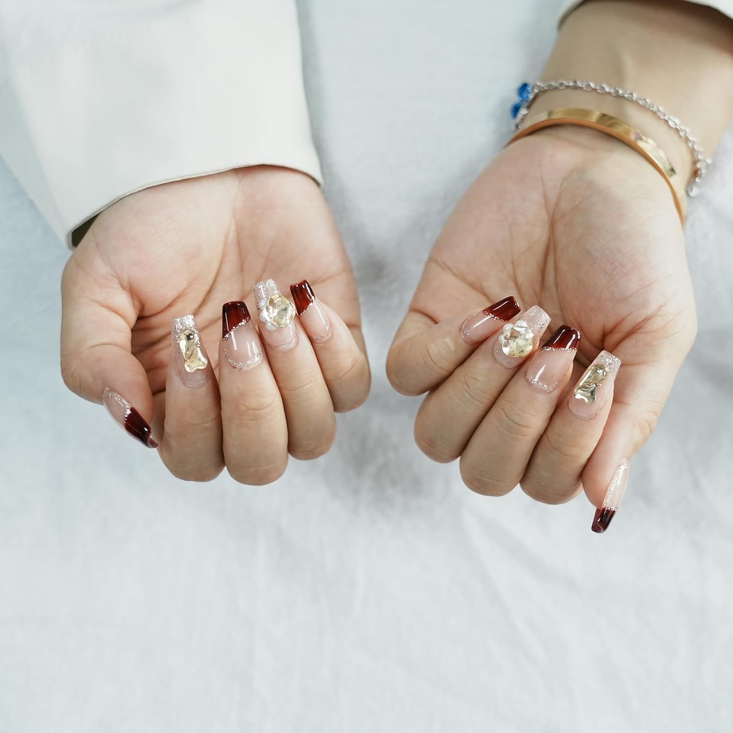 Tesytto Valentine French Tip Press On Nails Red Short Coffin – Nude Base Gold Glitter with 3D Rhinestone Decor Handmade Nails for Wedding, Party, New Year (Wine Red Romance,M)