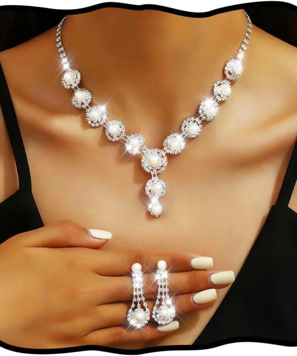 Nicute Pearl Jewelry Set Sparkly Rhinestone Necklace Earrings Sets Prom Costume Bridal Jewelry Set for Women