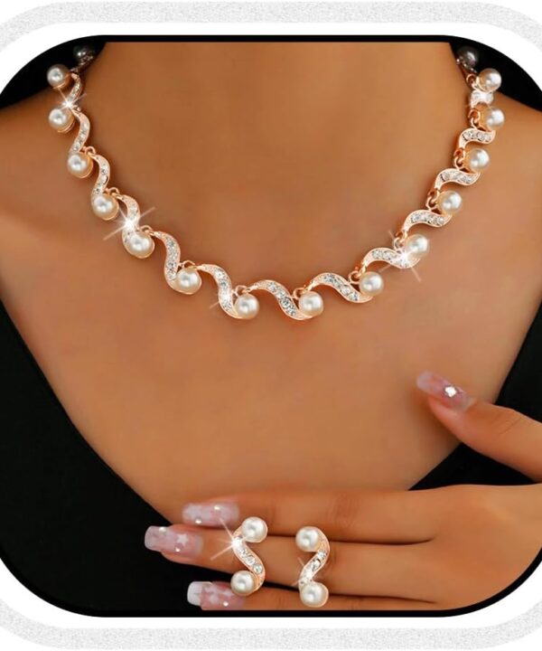 Unicra Gold Pearl Bridal Wedding Jewelry Set Rhinestone Necklace Earrings Sets Formal Prom Costume Jewelry Sets for Women and Brides